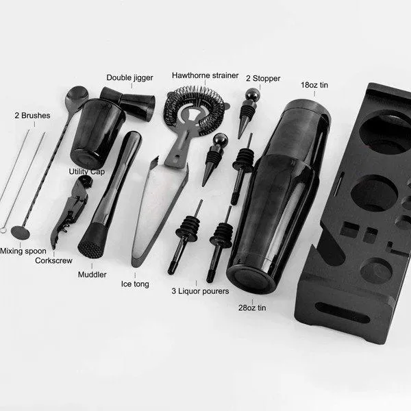 ब्लैक कॉकटेल शेकर सेट स्टैंड के साथ